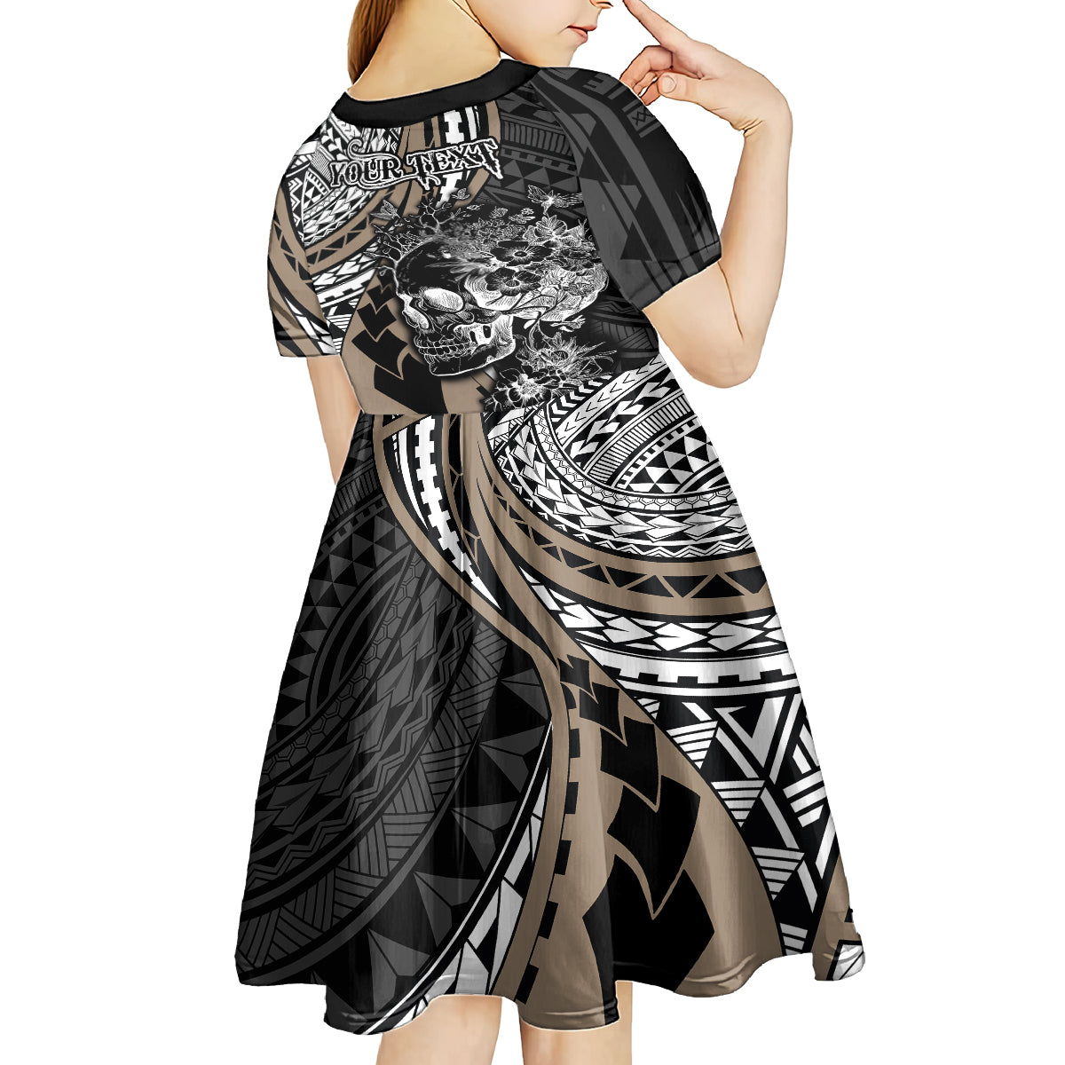 personalised-polynesia-skull-kid-short-sleeve-dress-tattoo-in-the-style-of-maori-with-marine-life-gold