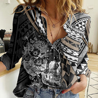Personalised Polynesia Skull Women Casual Shirt Tattoo In The Style Of Maori With Marine Life Gold LT9 Female Gold - Polynesian Pride