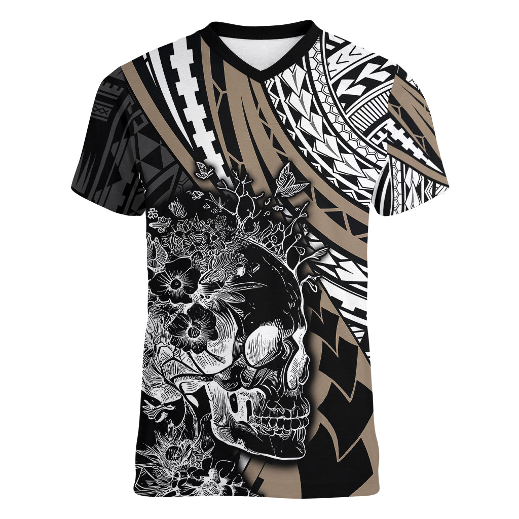 personalised-polynesia-skull-women-v-neck-t-shirt-tattoo-in-the-style-of-maori-with-marine-life-gold