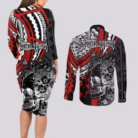 Personalised Polynesia Skull Couples Matching Long Sleeve Bodycon Dress and Long Sleeve Button Shirts Tattoo In The Style Of Maori With Marine Life Red LT9 - Polynesian Pride