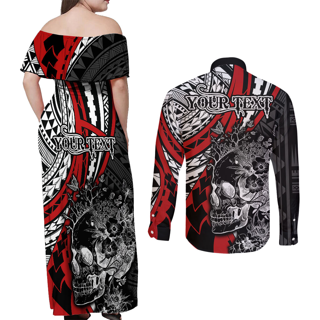 Personalised Polynesia Skull Couples Matching Off Shoulder Maxi Dress and Long Sleeve Button Shirts Tattoo In The Style Of Maori With Marine Life Red LT9 - Polynesian Pride