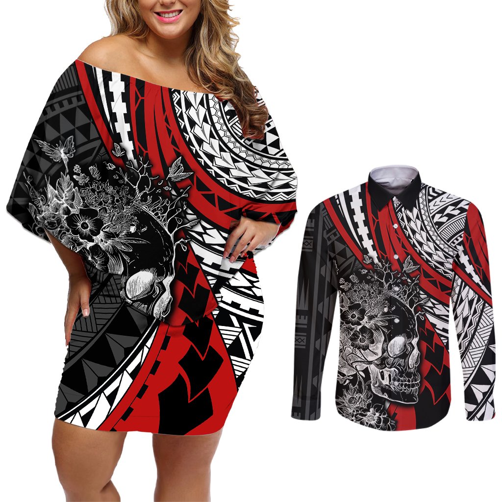 Personalised Polynesia Skull Couples Matching Off Shoulder Short Dress and Long Sleeve Button Shirts Tattoo In The Style Of Maori With Marine Life Red LT9 Red - Polynesian Pride