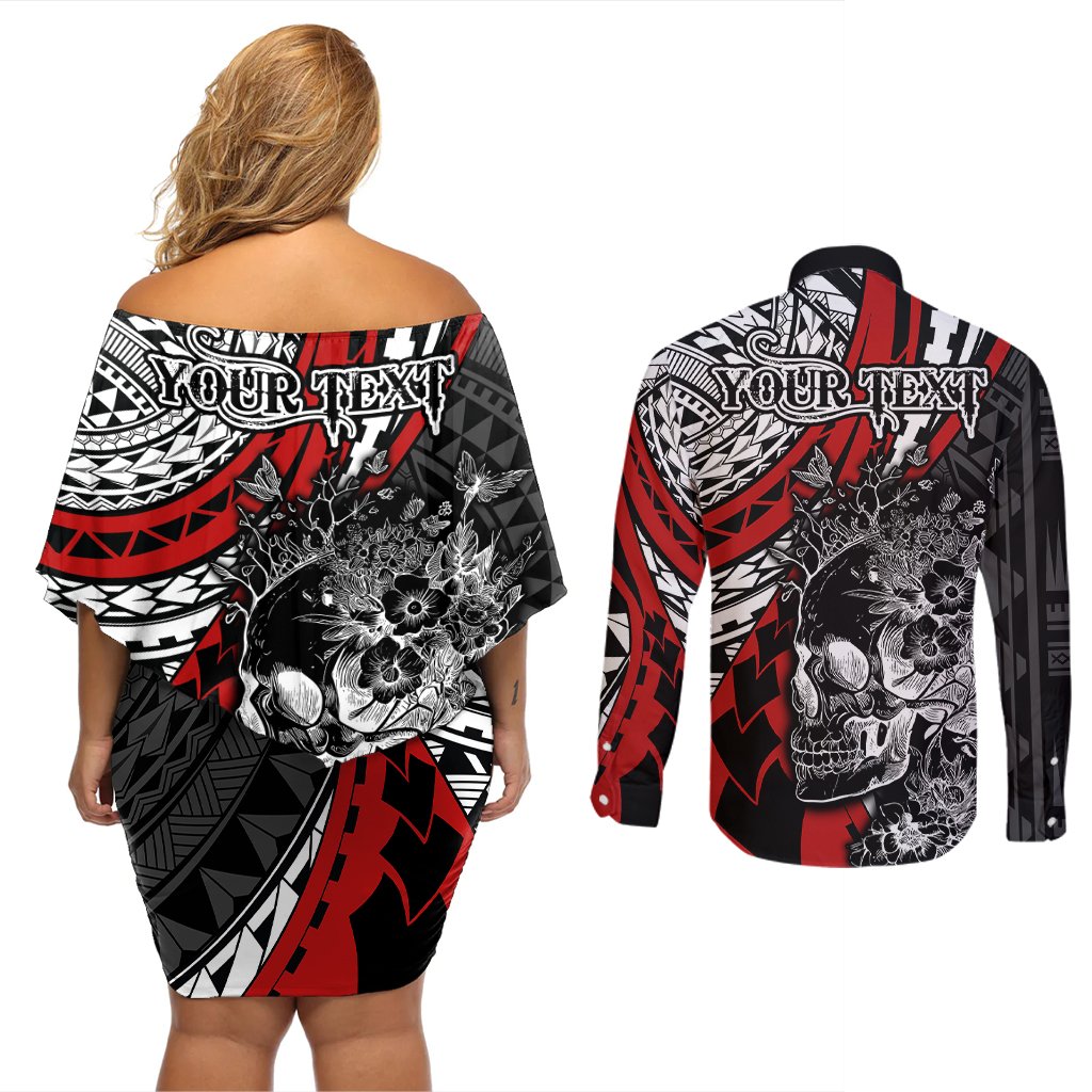 Personalised Polynesia Skull Couples Matching Off Shoulder Short Dress and Long Sleeve Button Shirts Tattoo In The Style Of Maori With Marine Life Red LT9 - Polynesian Pride