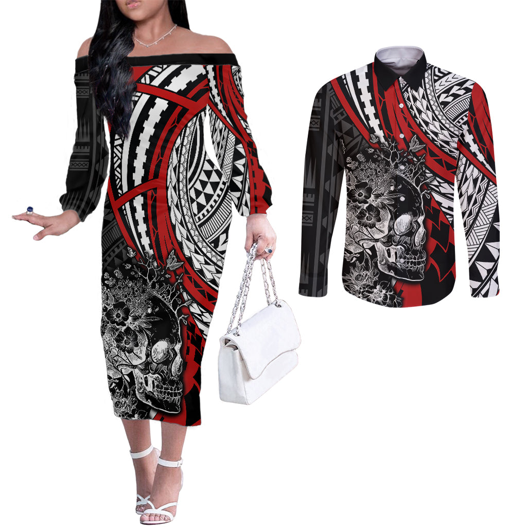 Personalised Polynesia Skull Couples Matching Off The Shoulder Long Sleeve Dress and Long Sleeve Button Shirts Tattoo In The Style Of Maori With Marine Life Red LT9 Red - Polynesian Pride