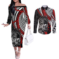 Personalised Polynesia Skull Couples Matching Off The Shoulder Long Sleeve Dress and Long Sleeve Button Shirts Tattoo In The Style Of Maori With Marine Life Red LT9 Red - Polynesian Pride