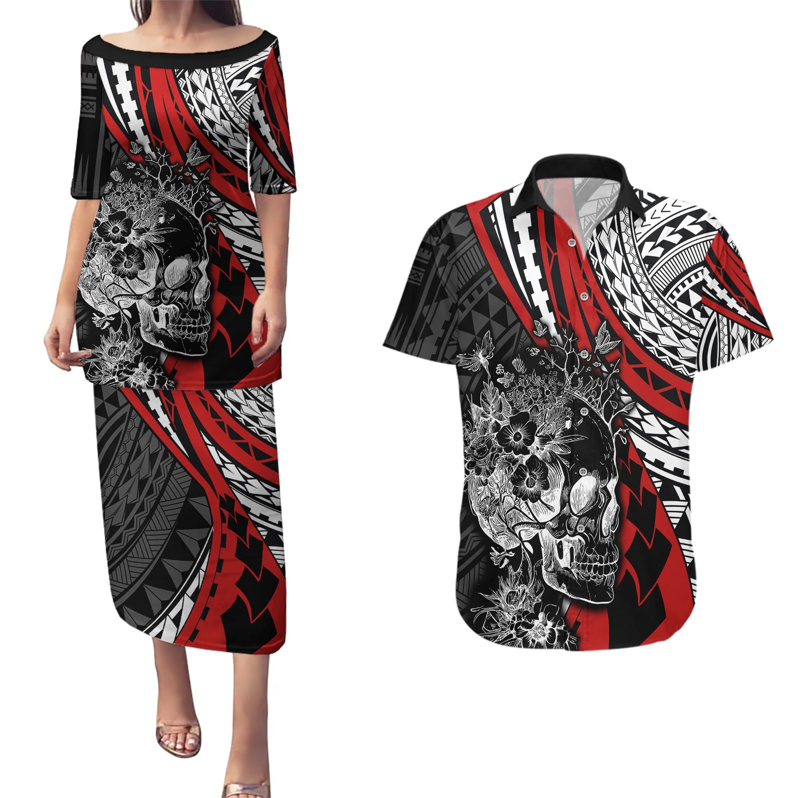 personalised-polynesia-skull-couples-matching-puletasi-dress-and-hawaiian-shirt-tattoo-in-the-style-of-maori-with-marine-life-red