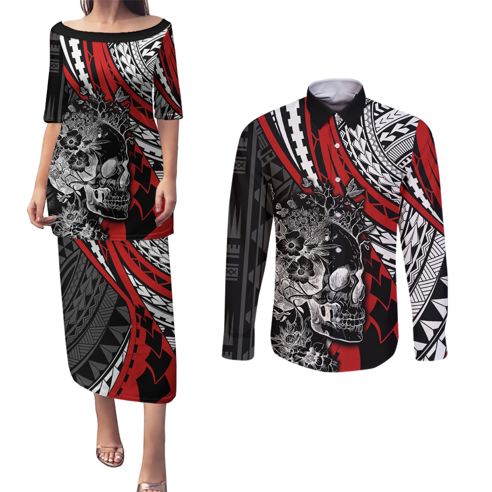 personalised-polynesia-skull-couples-matching-puletasi-dress-and-long-sleeve-button-shirts-tattoo-in-the-style-of-maori-with-marine-life-red