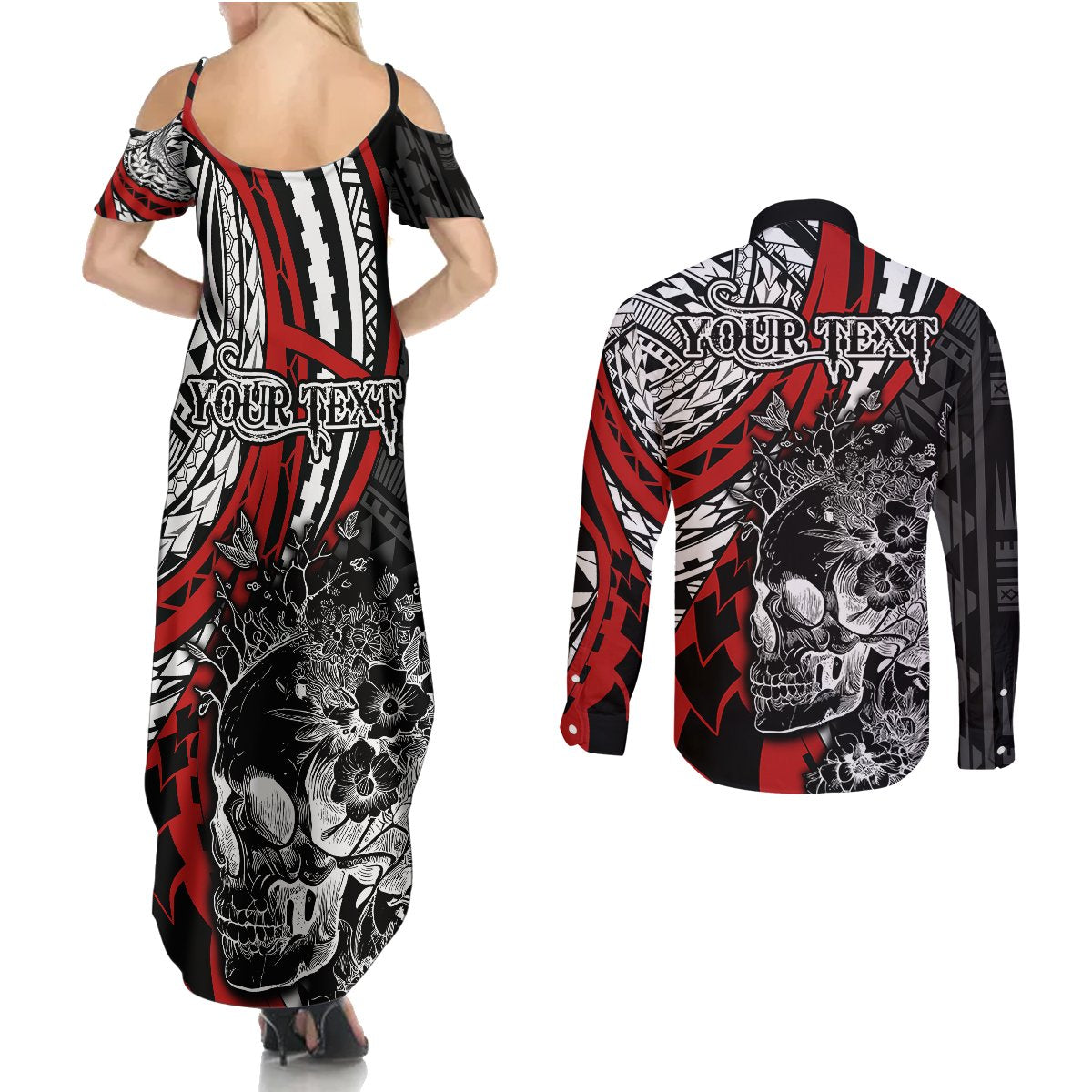 Personalised Polynesia Skull Couples Matching Summer Maxi Dress and Long Sleeve Button Shirts Tattoo In The Style Of Maori With Marine Life Red LT9 - Polynesian Pride