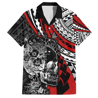 personalised-polynesia-skull-family-matching-off-shoulder-long-sleeve-dress-and-hawaiian-shirt-tattoo-in-the-style-of-maori-with-marine-life-red