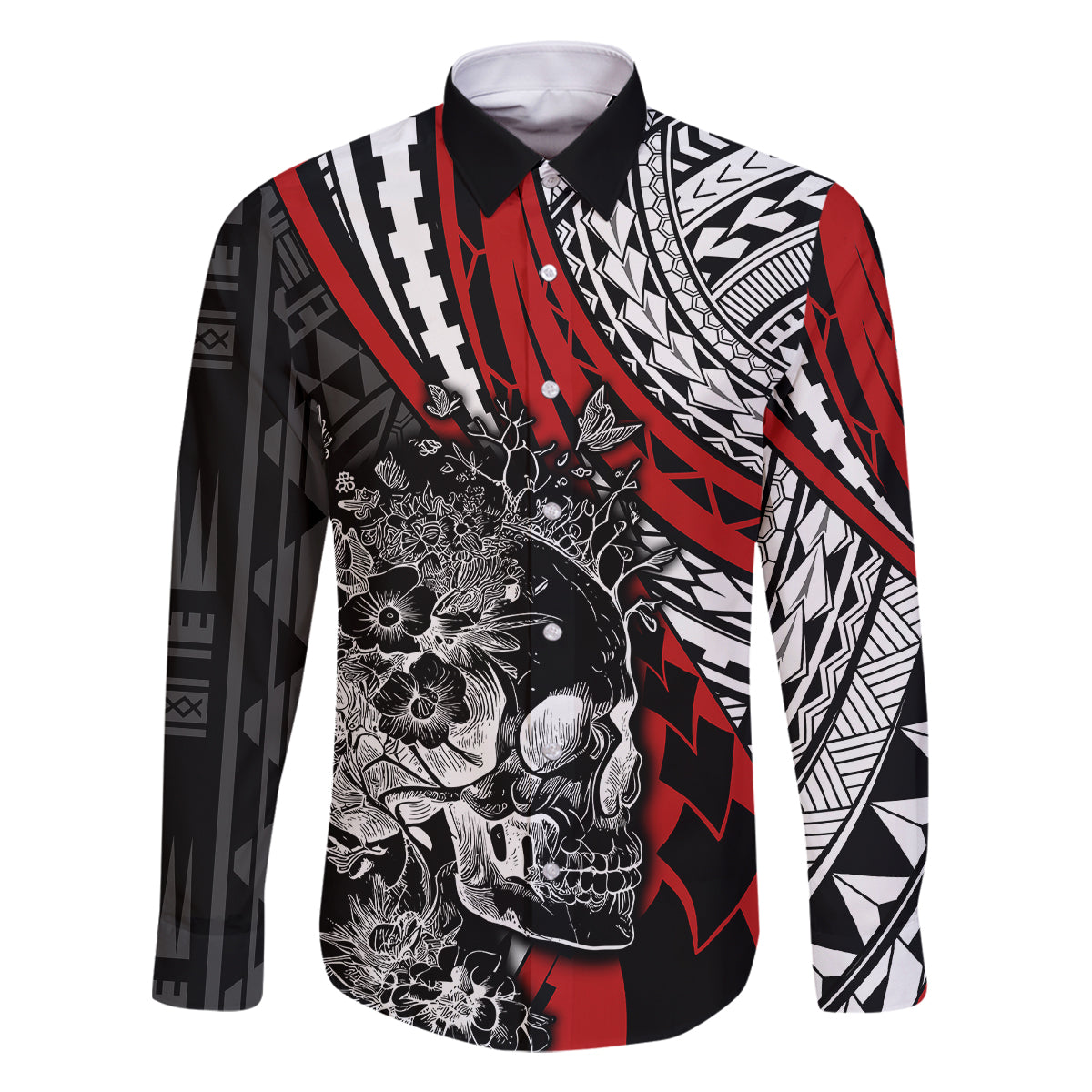 personalised-polynesia-skull-family-matching-off-shoulder-long-sleeve-dress-and-hawaiian-shirt-tattoo-in-the-style-of-maori-with-marine-life-red