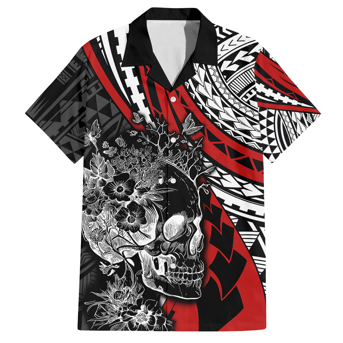 personalised-polynesia-skull-family-matching-summer-maxi-dress-and-hawaiian-shirt-tattoo-in-the-style-of-maori-with-marine-life-red