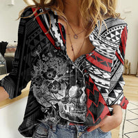 Personalised Polynesia Skull Women Casual Shirt Tattoo In The Style Of Maori With Marine Life Red LT9 Female Red - Polynesian Pride