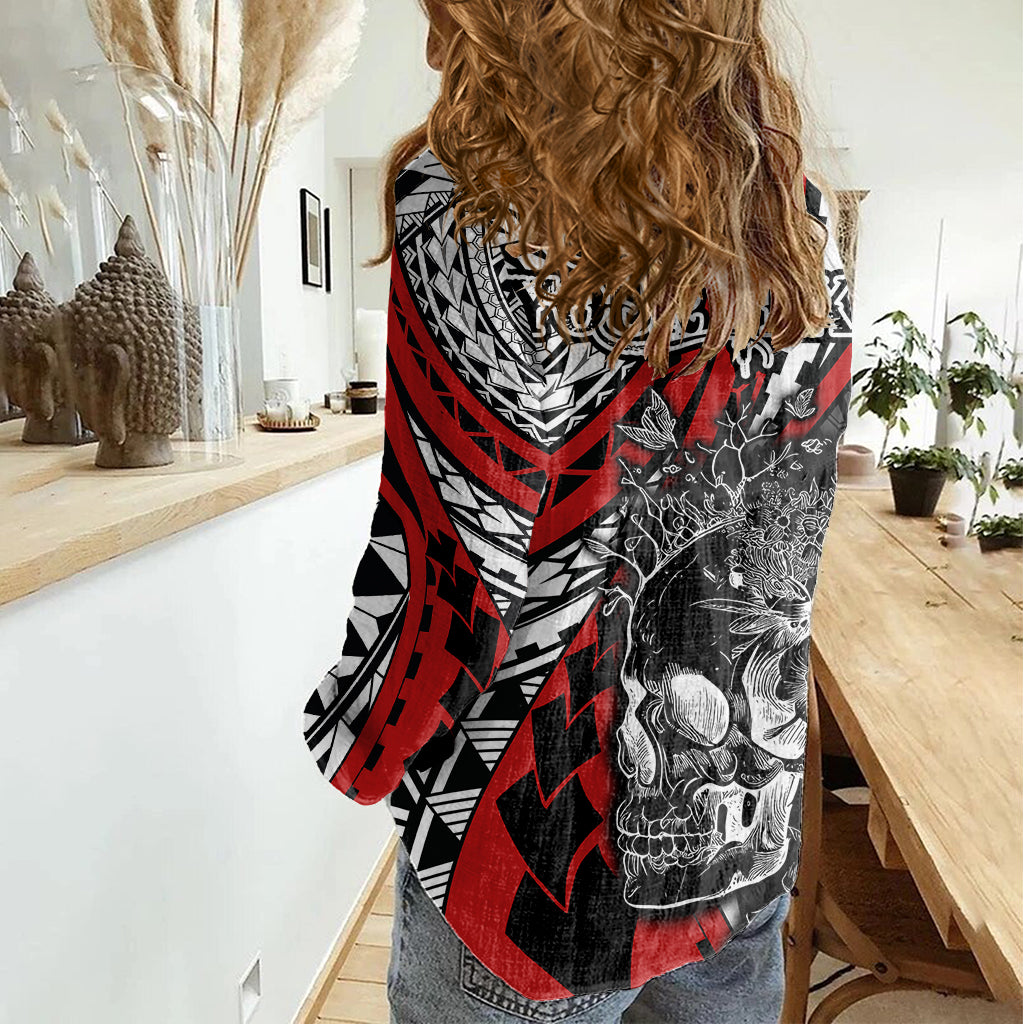 Personalised Polynesia Skull Women Casual Shirt Tattoo In The Style Of Maori With Marine Life Red LT9 - Polynesian Pride
