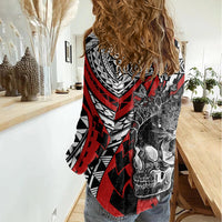 Personalised Polynesia Skull Women Casual Shirt Tattoo In The Style Of Maori With Marine Life Red LT9 - Polynesian Pride