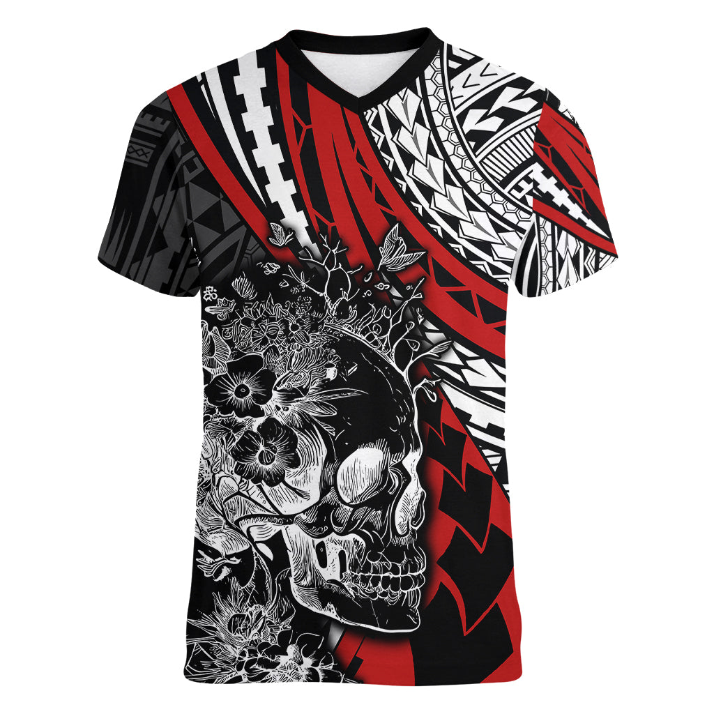 personalised-polynesia-skull-women-v-neck-t-shirt-tattoo-in-the-style-of-maori-with-marine-life-red