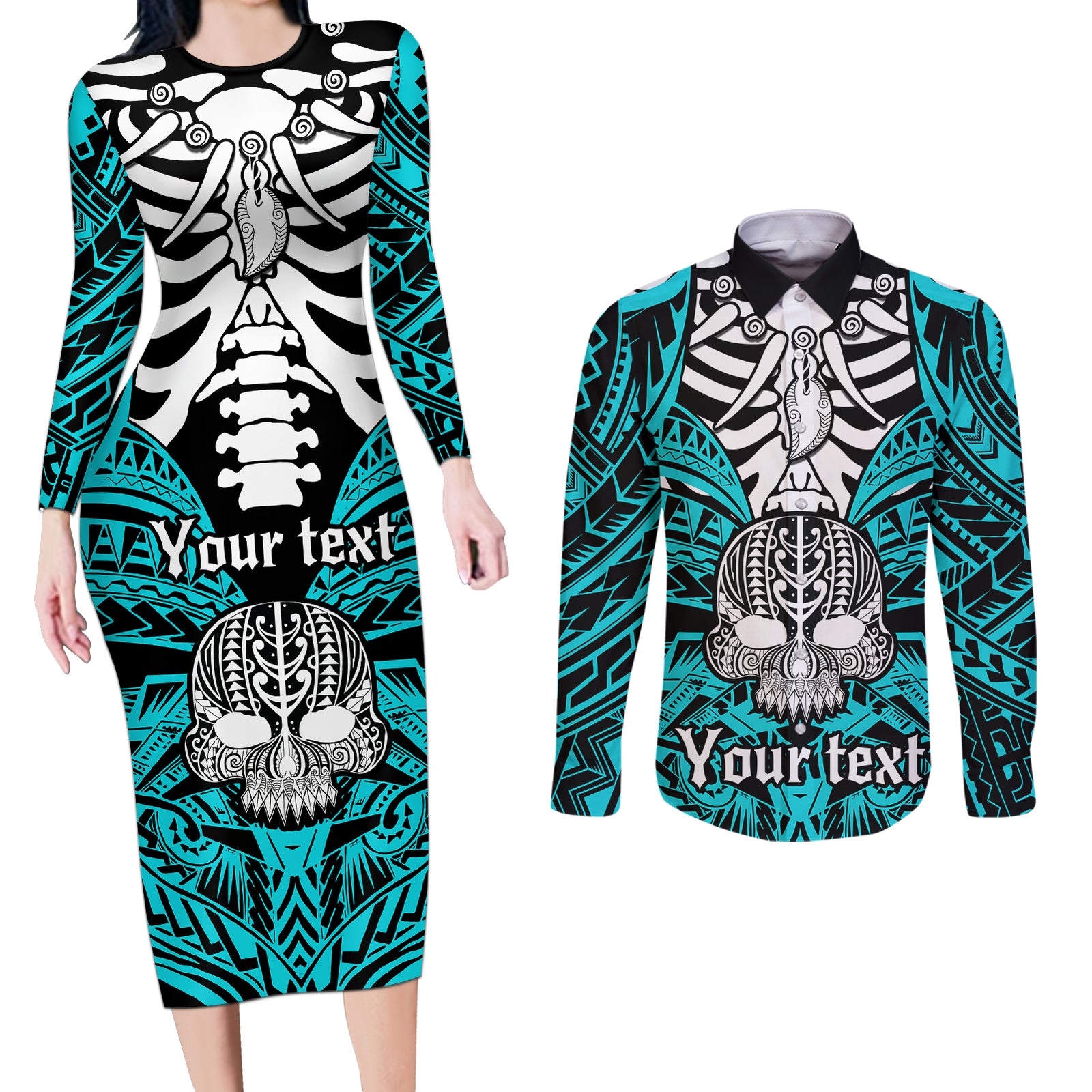 personalised-polynesia-skull-couples-matching-long-sleeve-bodycon-dress-and-long-sleeve-button-shirts-with-boars-tusk-aqua-arty-vibe