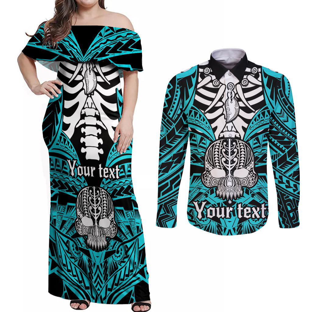 personalised-polynesia-skull-couples-matching-off-shoulder-maxi-dress-and-long-sleeve-button-shirts-with-boars-tusk-aqua-arty-vibe