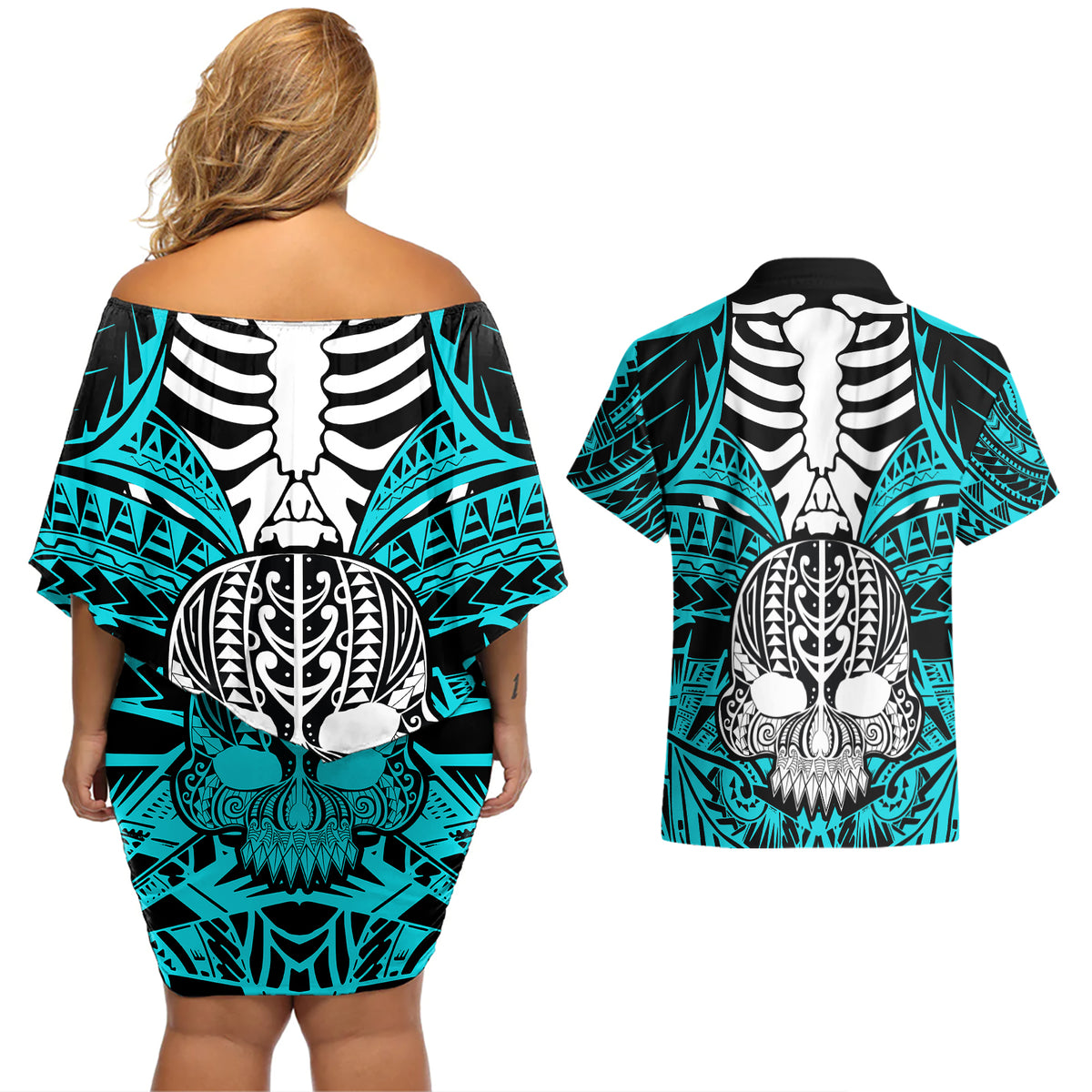 personalised-polynesia-skull-couples-matching-off-shoulder-short-dress-and-hawaiian-shirt-with-boars-tusk-aqua-arty-vibe