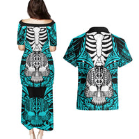 personalised-polynesia-skull-couples-matching-puletasi-dress-and-hawaiian-shirt-with-boars-tusk-aqua-arty-vibe