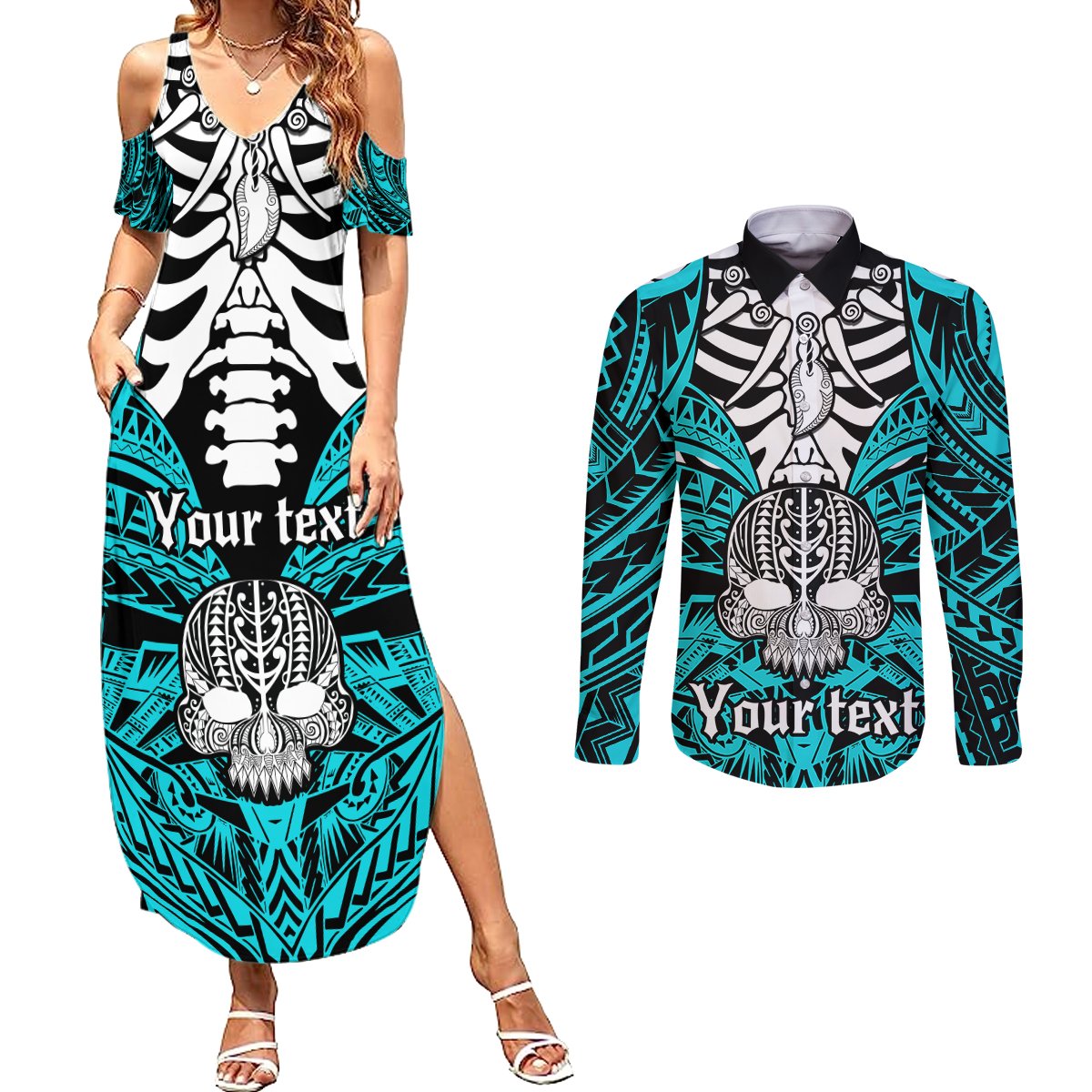 personalised-polynesia-skull-couples-matching-summer-maxi-dress-and-long-sleeve-button-shirts-with-boars-tusk-aqua-arty-vibe