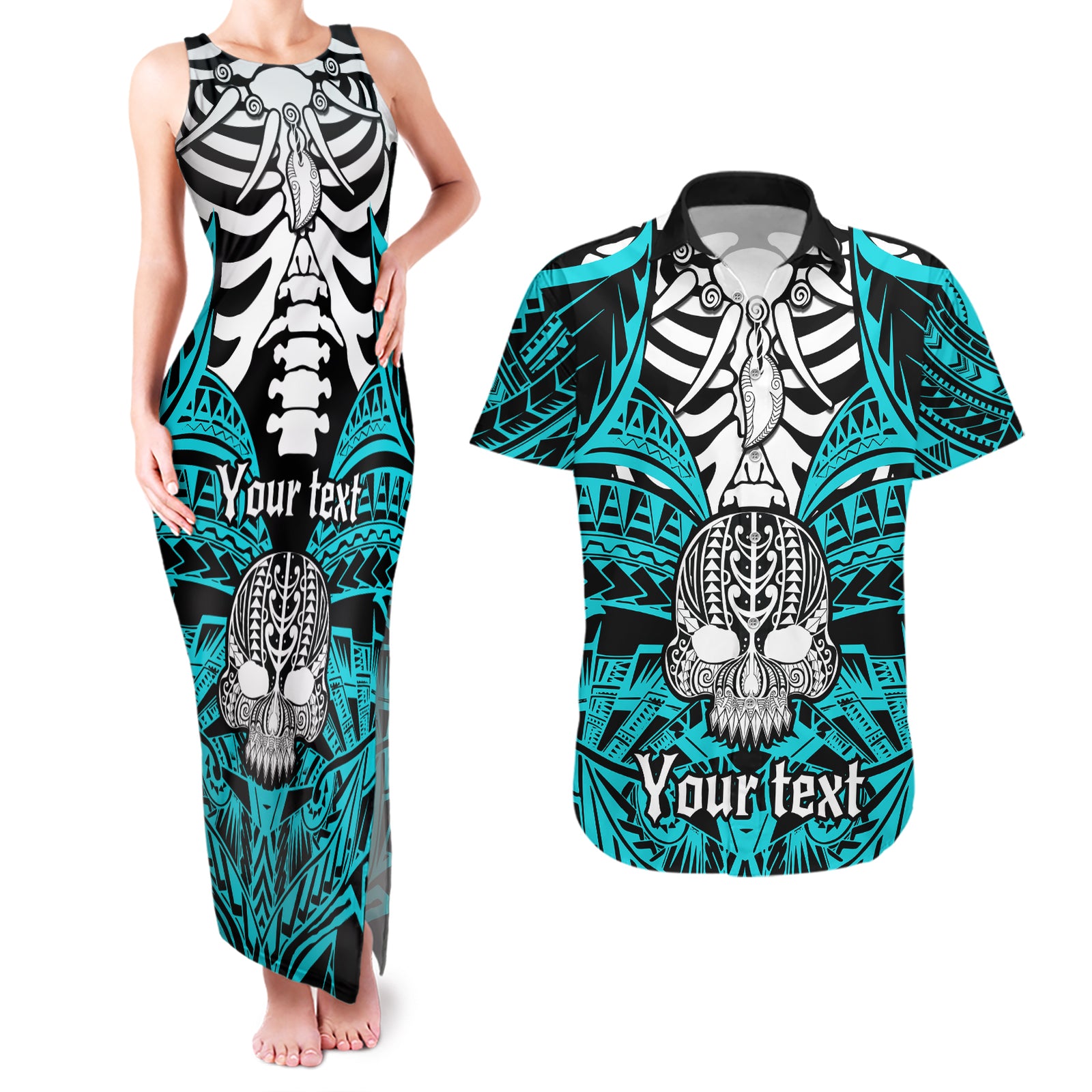 personalised-polynesia-skull-couples-matching-tank-maxi-dress-and-hawaiian-shirt-with-boars-tusk-aqua-arty-vibe