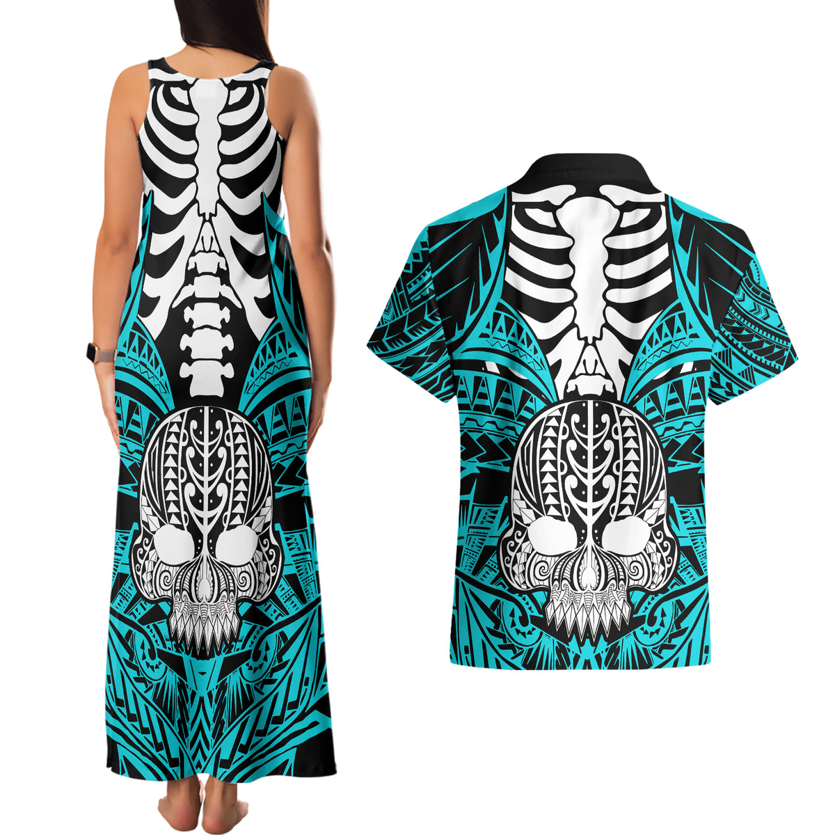 personalised-polynesia-skull-couples-matching-tank-maxi-dress-and-hawaiian-shirt-with-boars-tusk-aqua-arty-vibe
