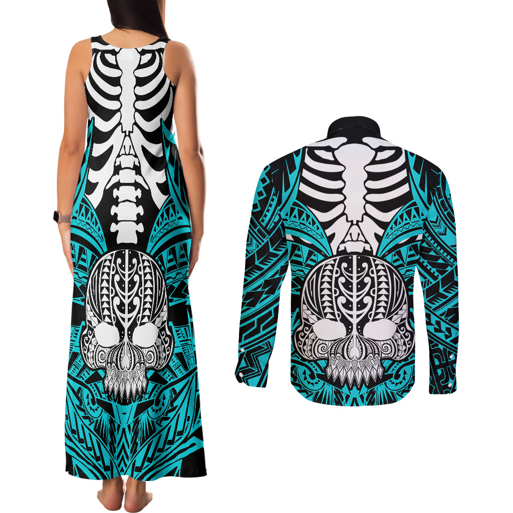 personalised-polynesia-skull-couples-matching-tank-maxi-dress-and-long-sleeve-button-shirts-with-boars-tusk-aqua-arty-vibe