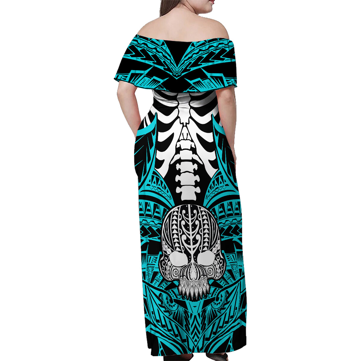 personalised-polynesia-skull-family-matching-off-shoulder-maxi-dress-and-hawaiian-shirt-with-boars-tusk-aqua-arty-vibe