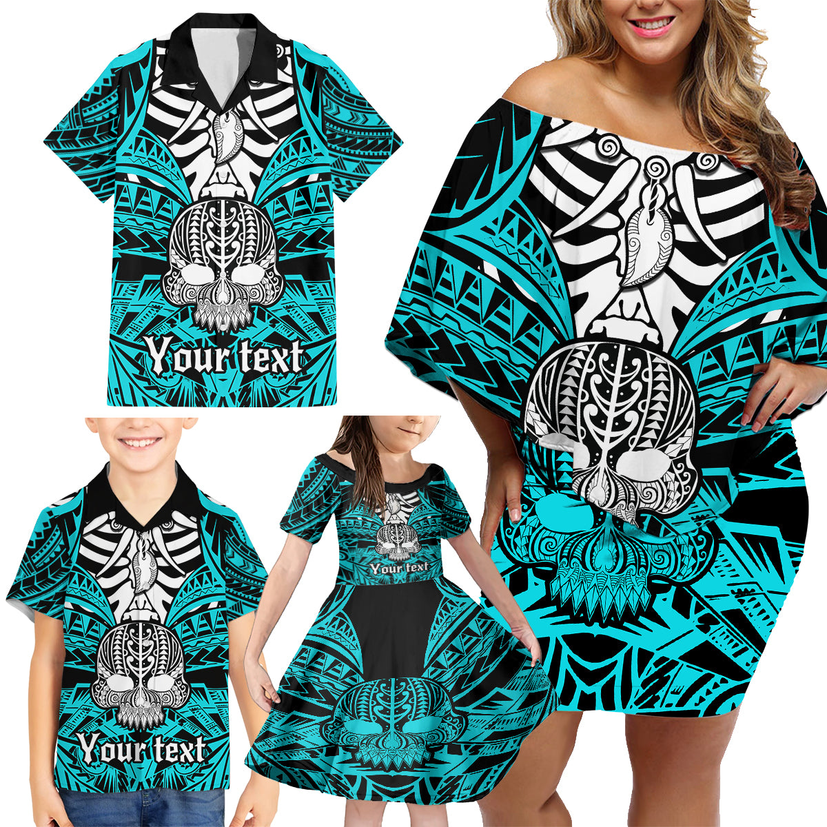 personalised-polynesia-skull-family-matching-off-shoulder-short-dress-and-hawaiian-shirt-with-boars-tusk-aqua-arty-vibe