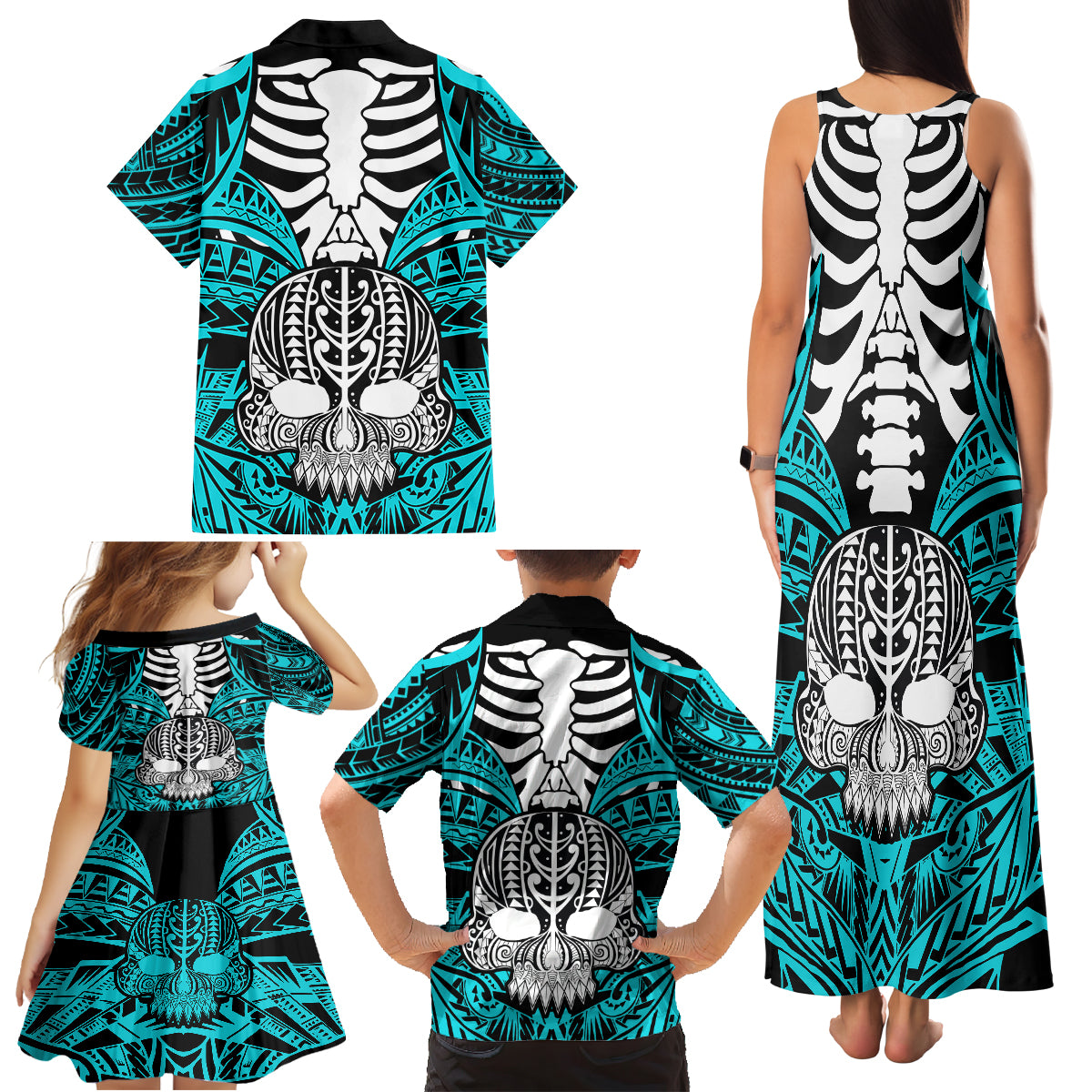personalised-polynesia-skull-family-matching-tank-maxi-dress-and-hawaiian-shirt-with-boars-tusk-aqua-arty-vibe