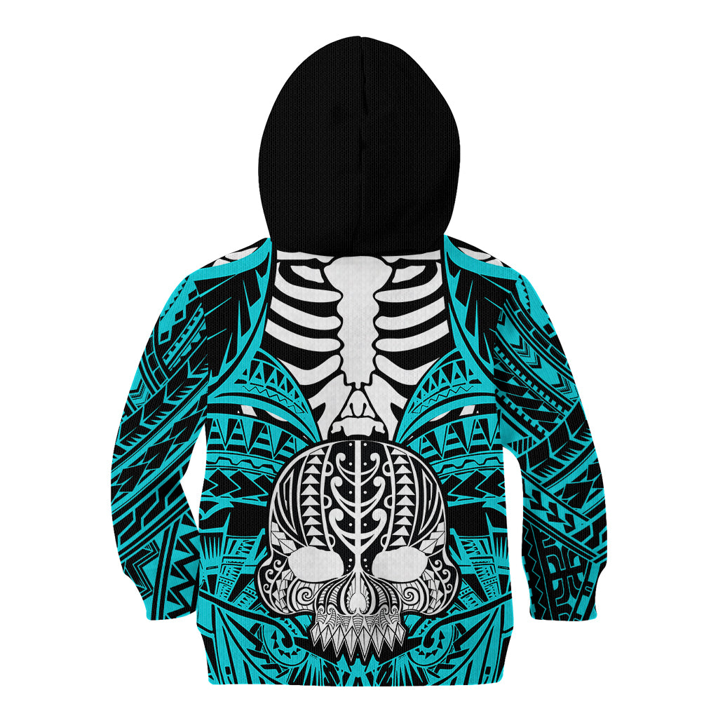 Personalised Polynesia Skull Kid Hoodie With Boars Tusk Aqua Arty Vibe LT9 - Polynesian Pride