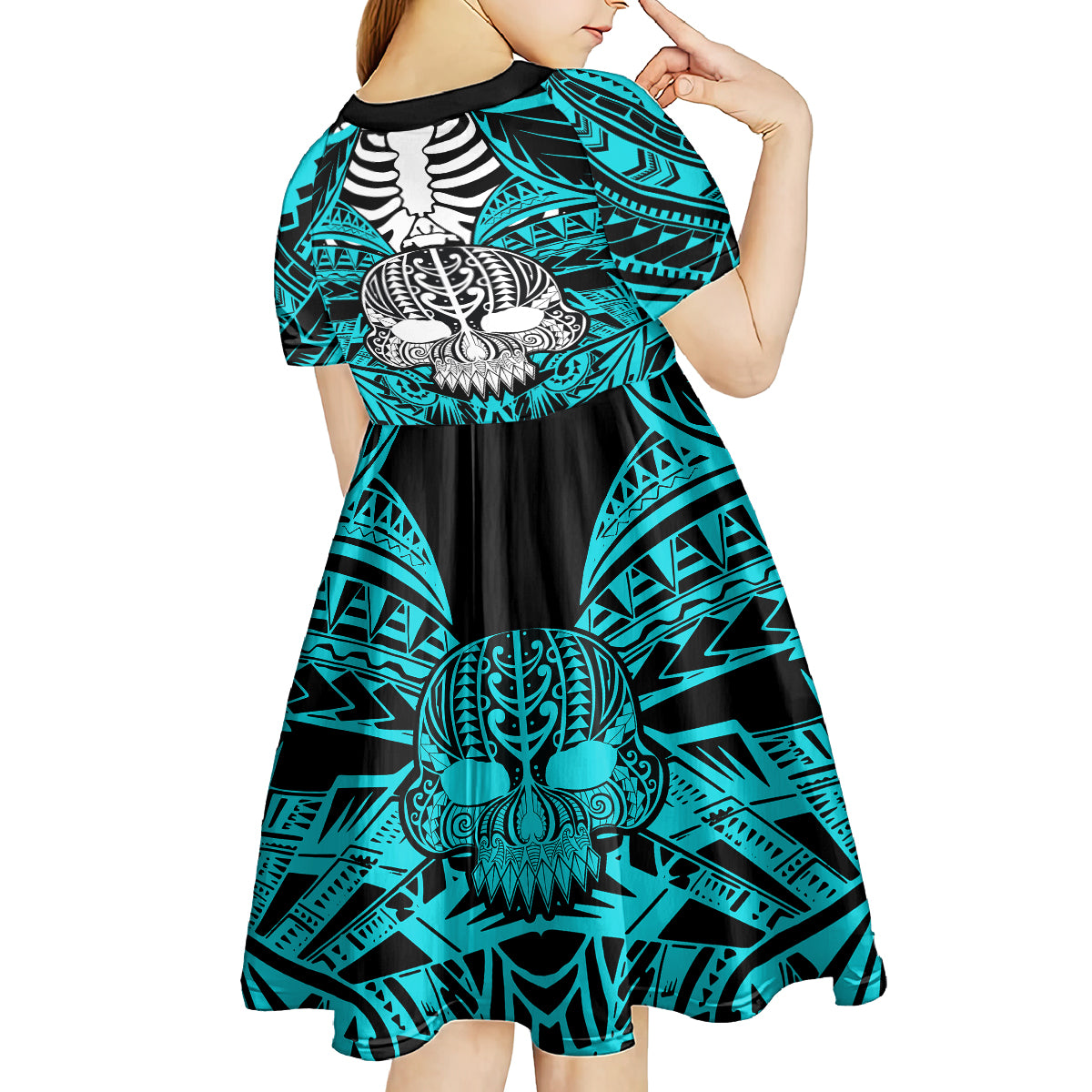 personalised-polynesia-skull-kid-short-sleeve-dress-with-boars-tusk-aqua-arty-vibe