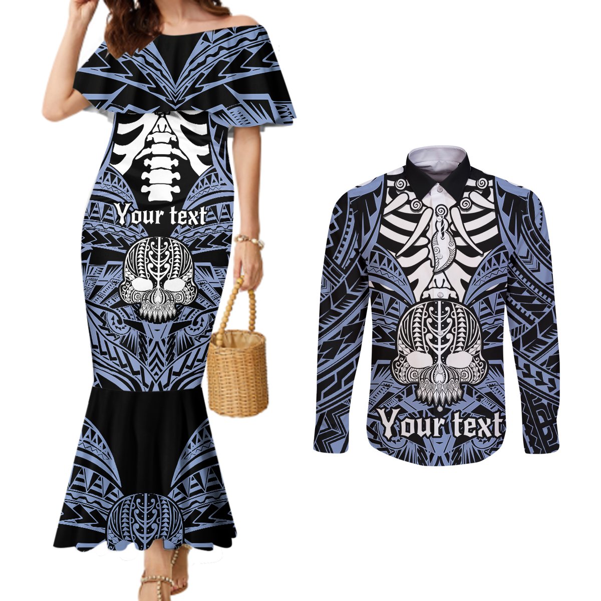 personalised-polynesia-skull-couples-matching-mermaid-dress-and-long-sleeve-button-shirts-with-boars-tusk-blue-arty-vibe