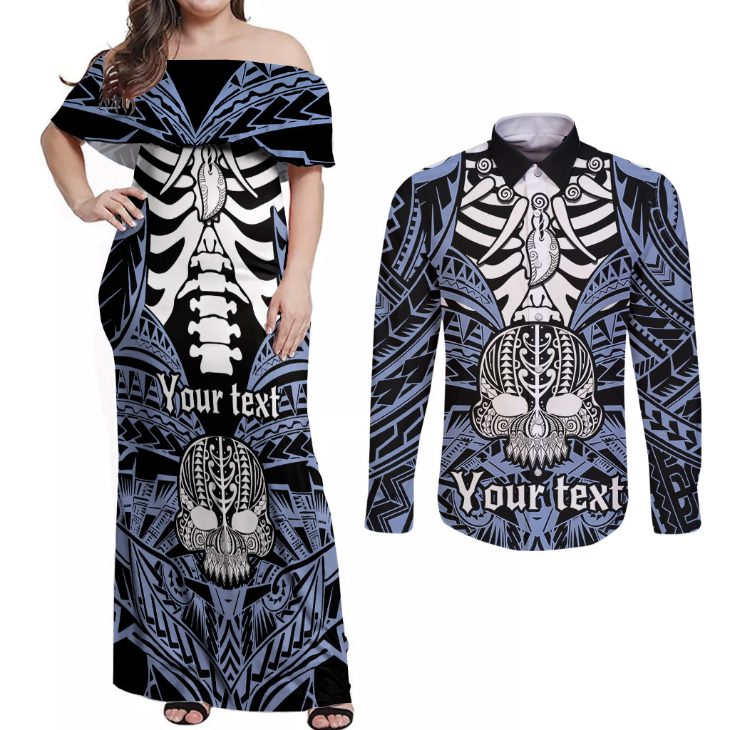 personalised-polynesia-skull-couples-matching-off-shoulder-maxi-dress-and-long-sleeve-button-shirts-with-boars-tusk-blue-arty-vibe