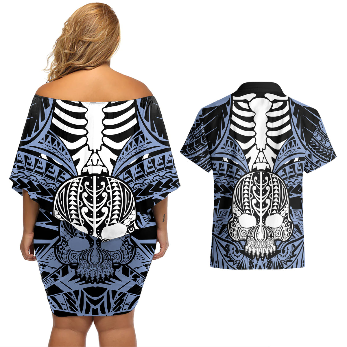 personalised-polynesia-skull-couples-matching-off-shoulder-short-dress-and-hawaiian-shirt-with-boars-tusk-blue-arty-vibe