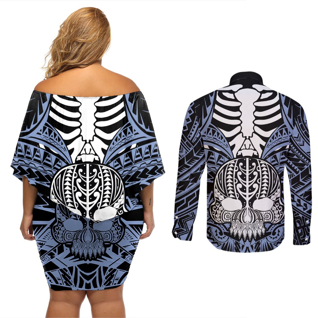personalised-polynesia-skull-couples-matching-off-shoulder-short-dress-and-long-sleeve-button-shirts-with-boars-tusk-blue-arty-vibe