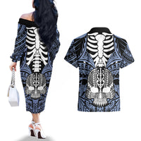 personalised-polynesia-skull-couples-matching-off-the-shoulder-long-sleeve-dress-and-hawaiian-shirt-with-boars-tusk-blue-arty-vibe