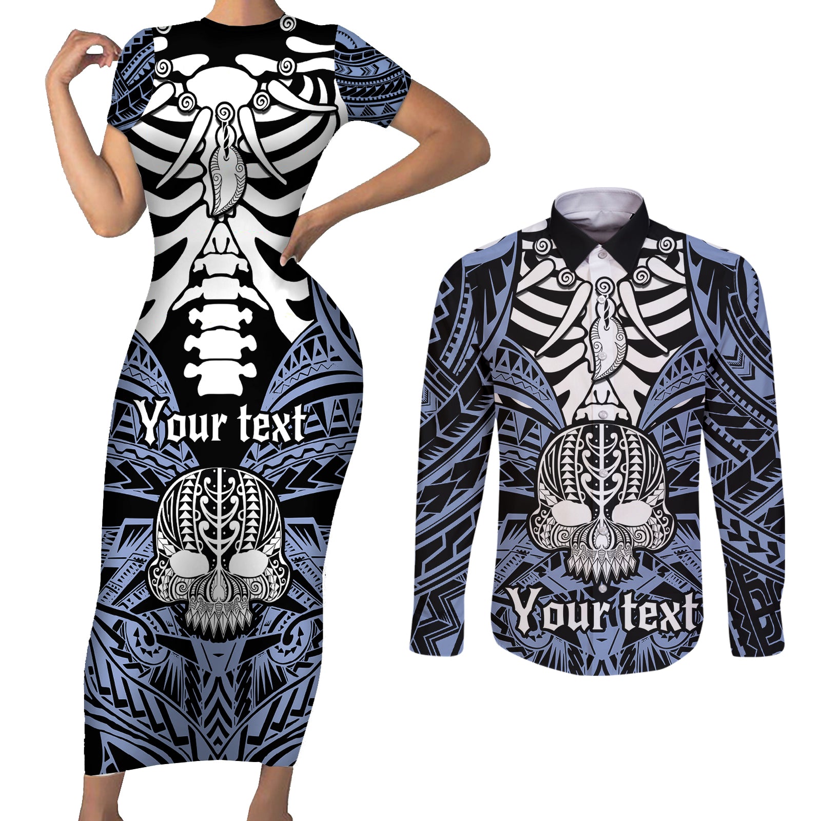 personalised-polynesia-skull-couples-matching-short-sleeve-bodycon-dress-and-long-sleeve-button-shirts-with-boars-tusk-blue-arty-vibe