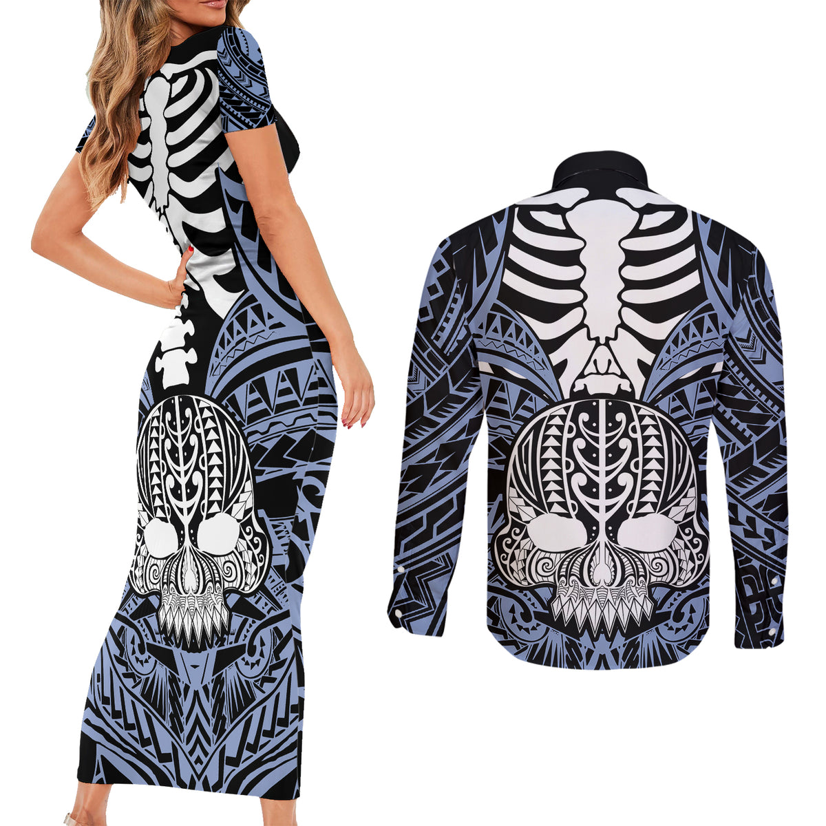 personalised-polynesia-skull-couples-matching-short-sleeve-bodycon-dress-and-long-sleeve-button-shirts-with-boars-tusk-blue-arty-vibe