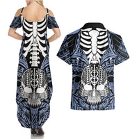 personalised-polynesia-skull-couples-matching-summer-maxi-dress-and-hawaiian-shirt-with-boars-tusk-blue-arty-vibe