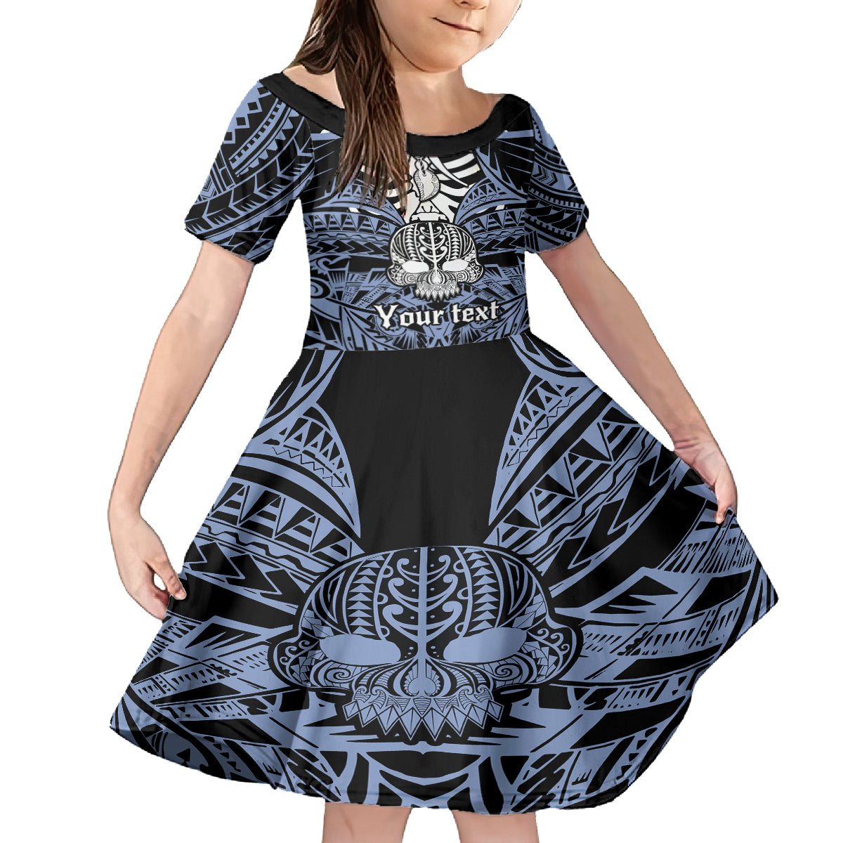 personalised-polynesia-skull-kid-short-sleeve-dress-with-boars-tusk-blue-arty-vibe