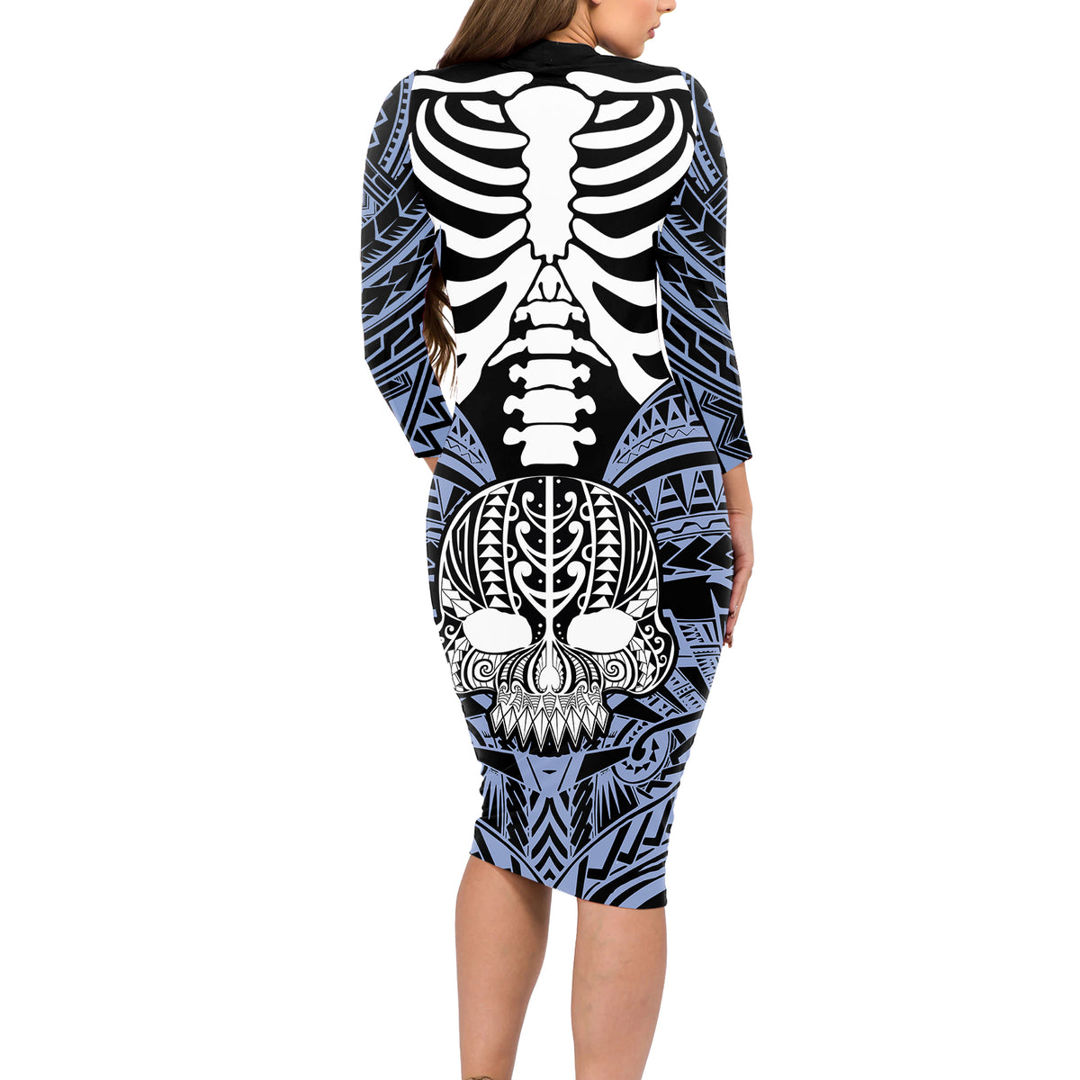 personalised-polynesia-skull-long-sleeve-bodycon-dress-with-boars-tusk-blue-arty-vibe