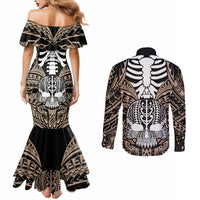 personalised-polynesia-skull-couples-matching-mermaid-dress-and-long-sleeve-button-shirts-with-boars-tusk-gold-arty-vibe