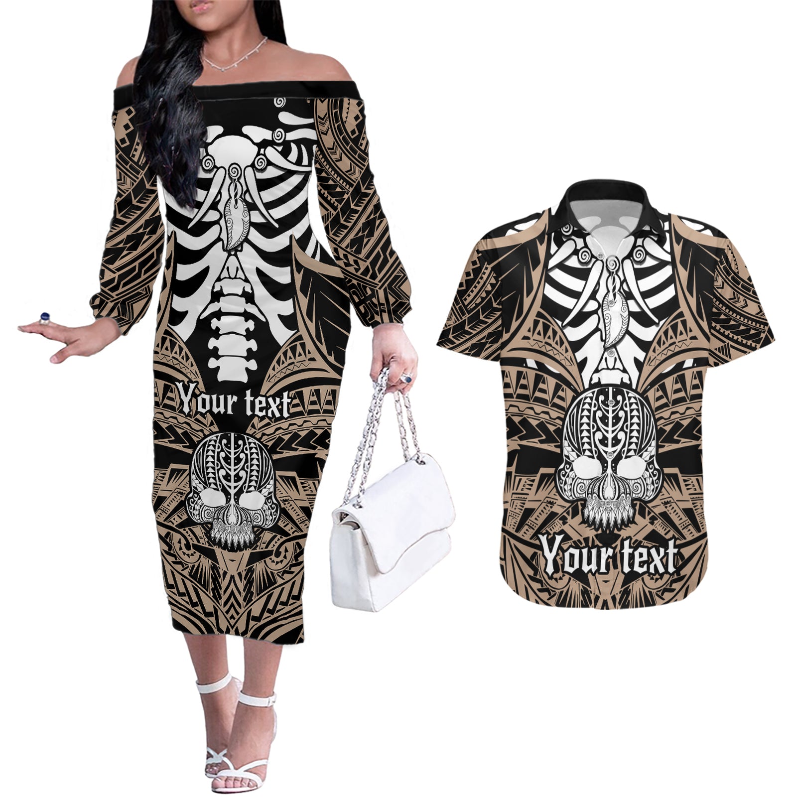 personalised-polynesia-skull-couples-matching-off-the-shoulder-long-sleeve-dress-and-hawaiian-shirt-with-boars-tusk-gold-arty-vibe