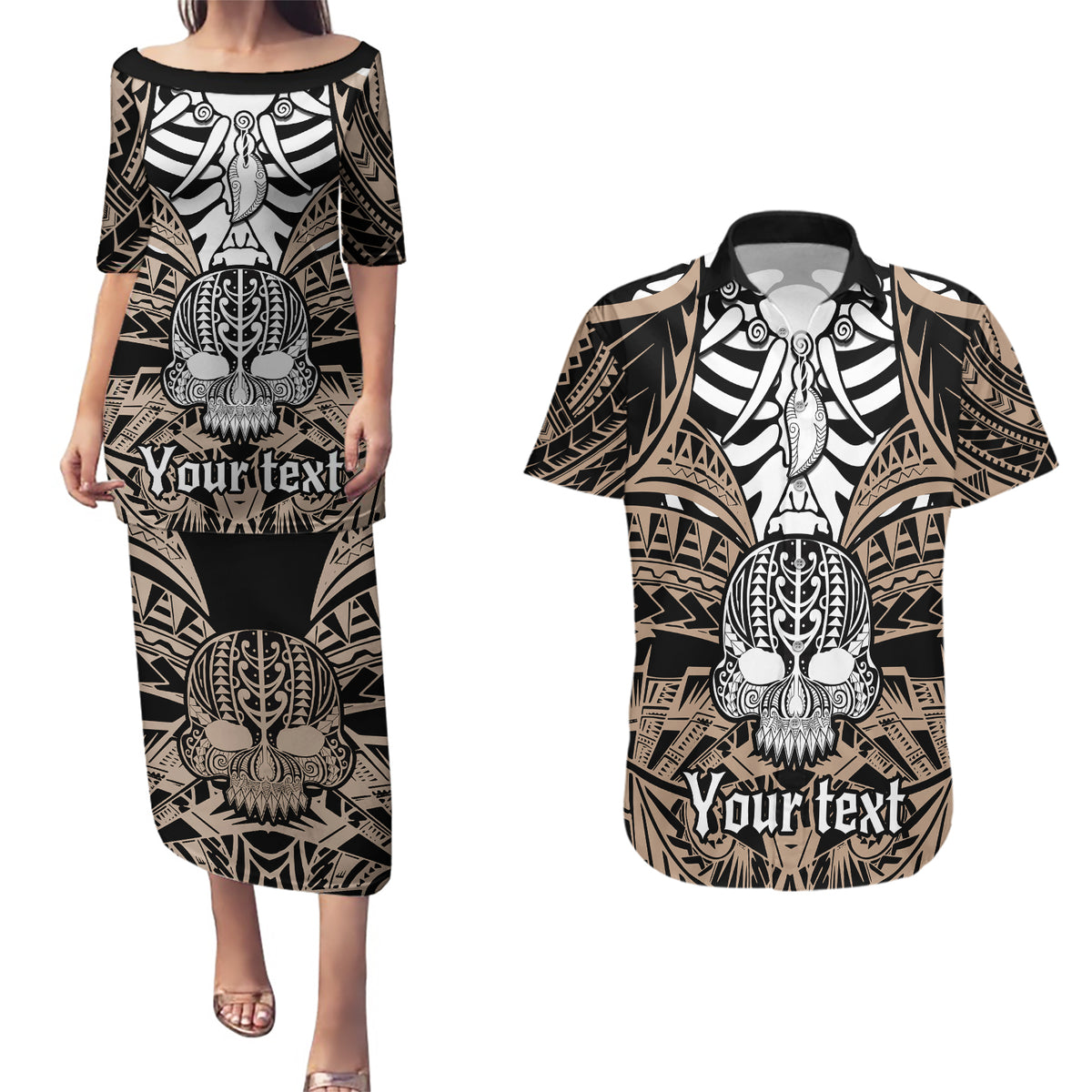 personalised-polynesia-skull-couples-matching-puletasi-dress-and-hawaiian-shirt-with-boars-tusk-gold-arty-vibe