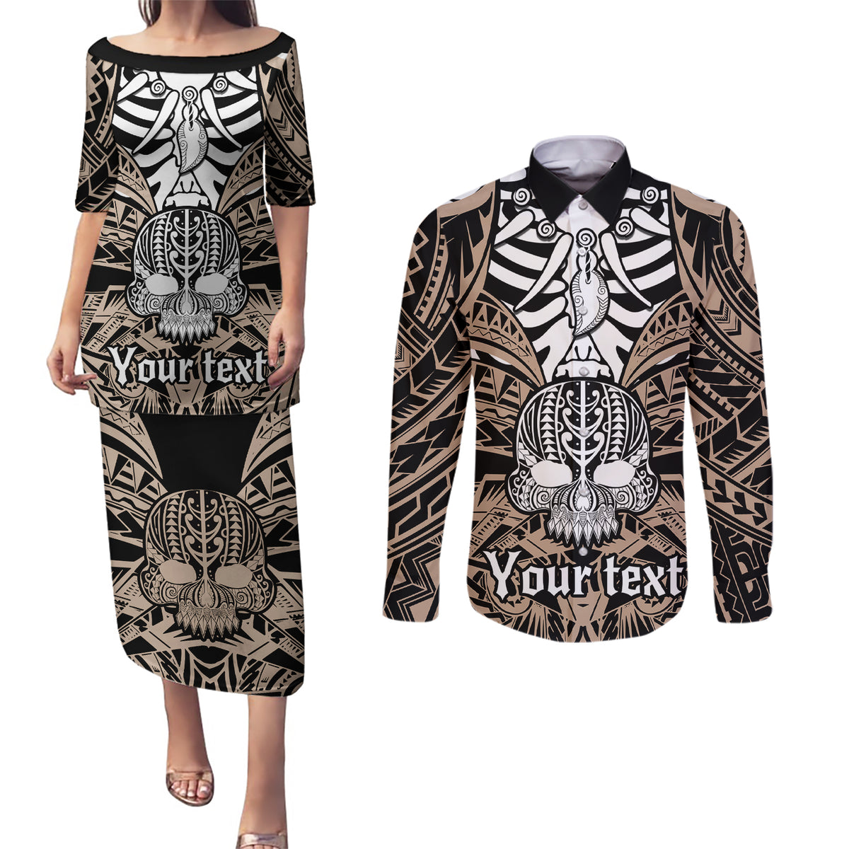 personalised-polynesia-skull-couples-matching-puletasi-dress-and-long-sleeve-button-shirts-with-boars-tusk-gold-arty-vibe