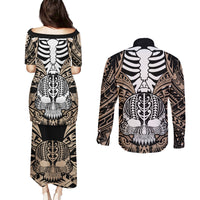 personalised-polynesia-skull-couples-matching-puletasi-dress-and-long-sleeve-button-shirts-with-boars-tusk-gold-arty-vibe