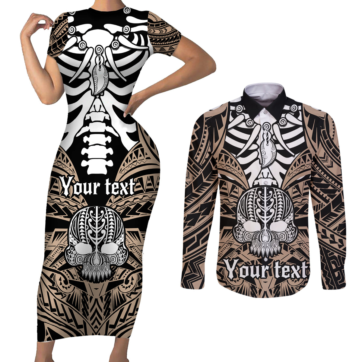personalised-polynesia-skull-couples-matching-short-sleeve-bodycon-dress-and-long-sleeve-button-shirts-with-boars-tusk-gold-arty-vibe