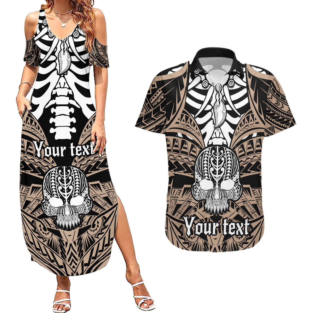personalised-polynesia-skull-couples-matching-summer-maxi-dress-and-hawaiian-shirt-with-boars-tusk-gold-arty-vibe
