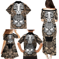Personalised Polynesia Skull Family Matching Puletasi Dress and Hawaiian Shirt With Boars Tusk Gold Arty Vibe LT9 - Polynesian Pride